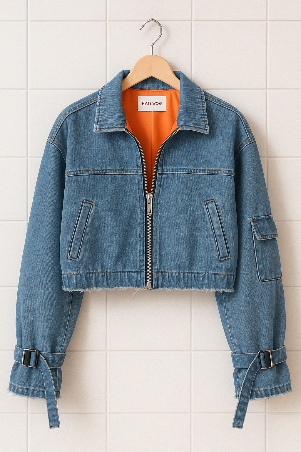 Womens Zip Detail Denim Chambray Jacket HATWMJ7 - Blue